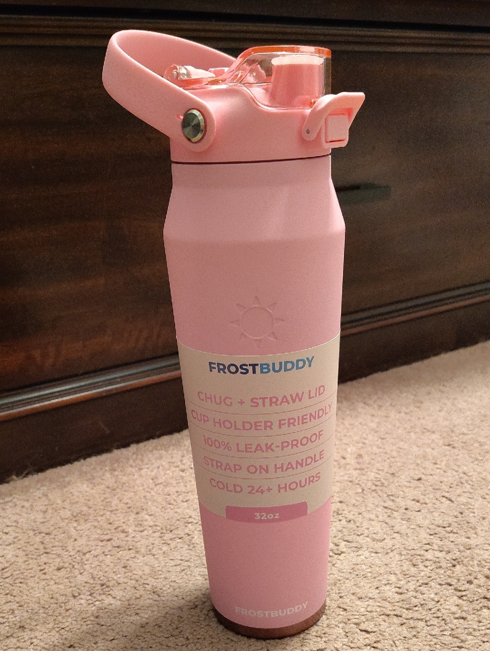 FrostBuddy Pink 32oz Insulated Water Bottle with Straw Lid